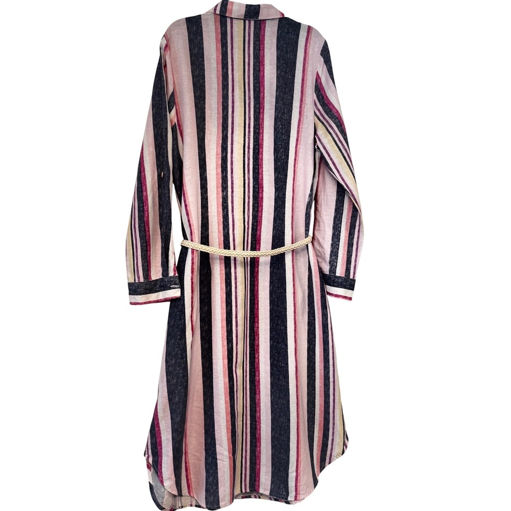 NY Collection Linen Blend Striped Midi Shirt Dress Pink Navy Yellow LND9001 - Picture 2 of 8